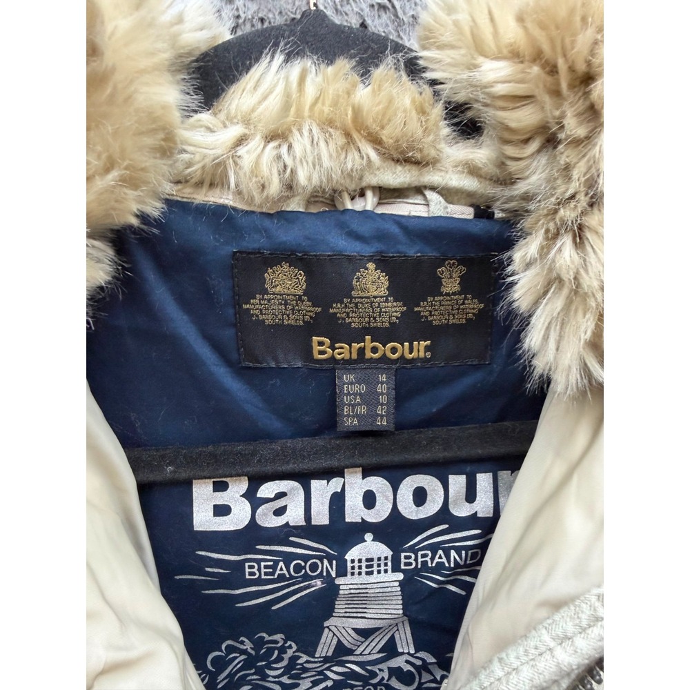 Barbour Langstone Quilted Puffer Jacket Faux-Fur Collar Stone White Size 10 - Picture 8 of 14